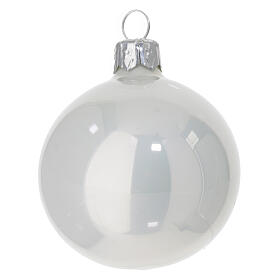 Set of 6 Christmas balls, satin and polished white blown glass, 2.5 in