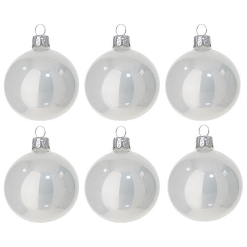 Set of 6 Christmas balls, satin and polished white blown glass, 2.5 in 1