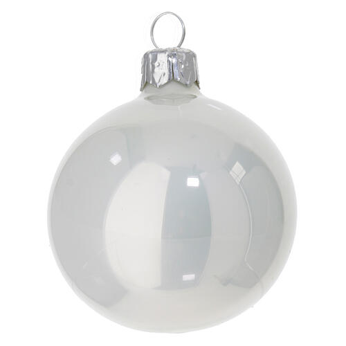 Set of 6 Christmas balls, satin and polished white blown glass, 2.5 in 2