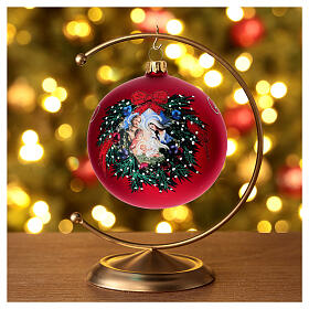 Christmas ball of satin red blown glass, wreath with Nativity Scene, 4 in