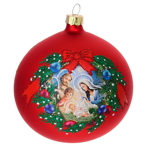 Christmas ball of satin red blown glass, wreath with Nativity Scene, 4 in 1