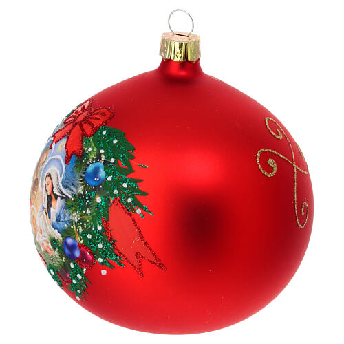 Christmas ball of satin red blown glass, wreath with Nativity Scene, 4 in 2