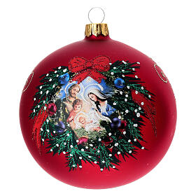 Pallina Natale vetro soffiato rosso satinato ghirlanda Sacra Famiglia 100 mm
