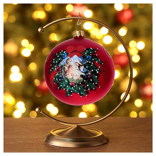 Pallina Natale vetro soffiato rosso satinato ghirlanda Sacra Famiglia 100 mm 2