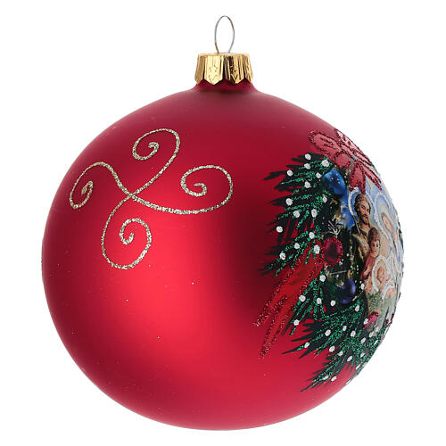 Pallina Natale vetro soffiato rosso satinato ghirlanda Sacra Famiglia 100 mm 3