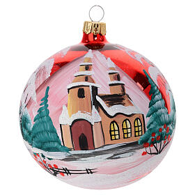 Christmas ball of polished red blown glass, snowy mountain landscape with church, 4 in