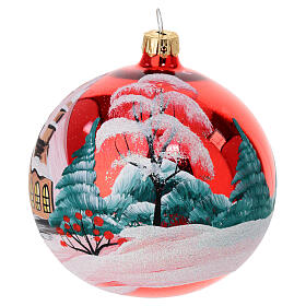 Christmas ball of polished red blown glass, snowy mountain landscape with church, 4 in