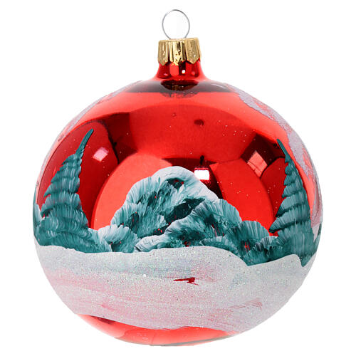 Christmas ball of polished red blown glass, snowy mountain landscape with church, 4 in 4