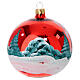 Christmas ball of polished red blown glass, snowy mountain landscape with church, 4 in s4