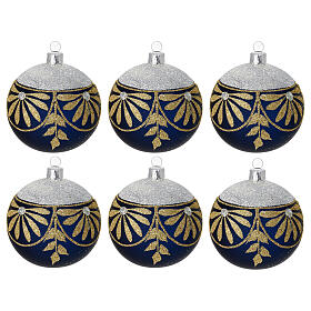 Set of 6 Christmas balls of dull black blown glass, gold and silver glitter pattern, 3 in