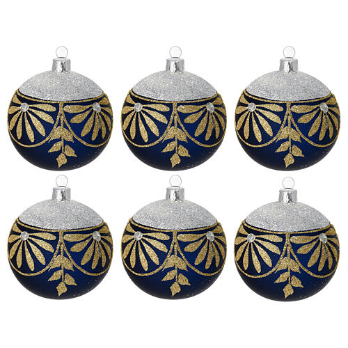 Set of 6 Christmas balls of dull black blown glass, gold and silver glitter pattern, 3 in 1