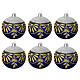 Set of 6 Christmas balls of dull black blown glass, gold and silver glitter pattern, 3 in s1