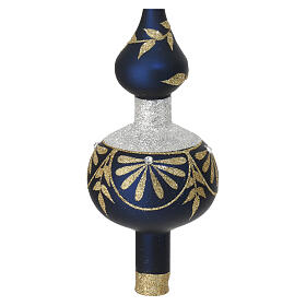 Christmas tree topper of satin blue blown glass with gold glitter decorations and strass, 14 in