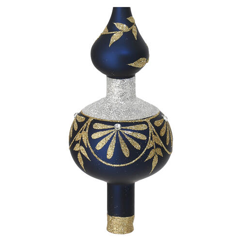 Christmas tree topper of satin blue blown glass with gold glitter decorations and strass, 14 in 2