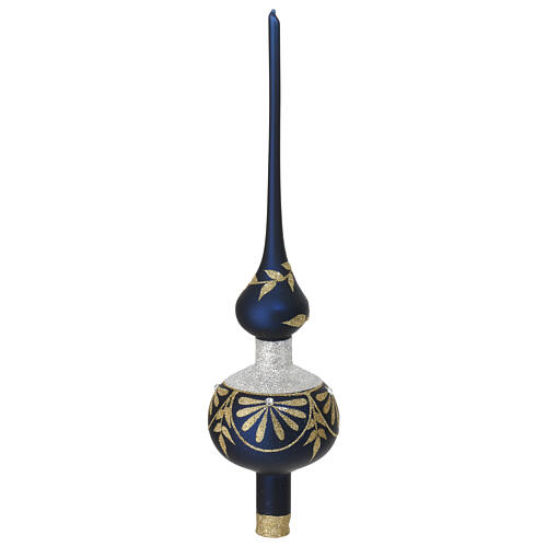 Puntale albero Natale vetro soffiato blu satinato decoro oro strass 35 cm 1
