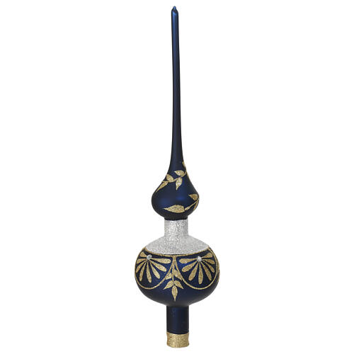 Puntale albero Natale vetro soffiato blu satinato decoro oro strass 35 cm 3