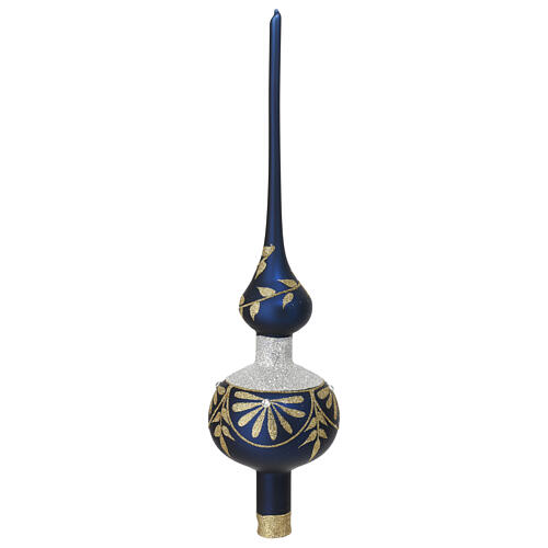 Puntale albero Natale vetro soffiato blu satinato decoro oro strass 35 cm 4