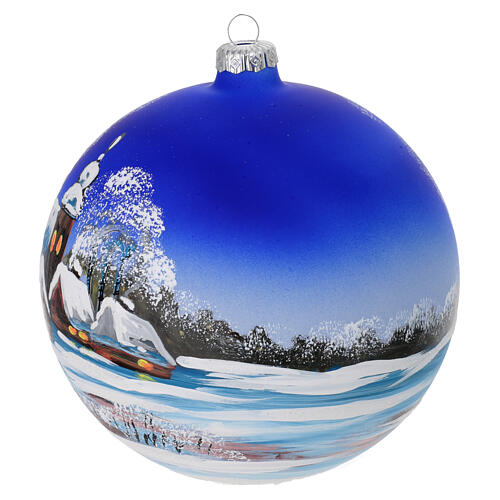 Weihnachtskugel, aus mundgeblasenem Glas, blau, verziert mit verschneitem Landschaftsmotiv – Ø 15 cm 3