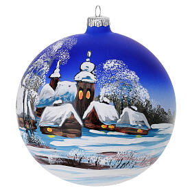 Christmas ball of dark blue blown glass, snowy landscape, 6 in