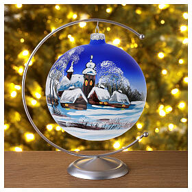 Christmas ball of dark blue blown glass, snowy landscape, 6 in