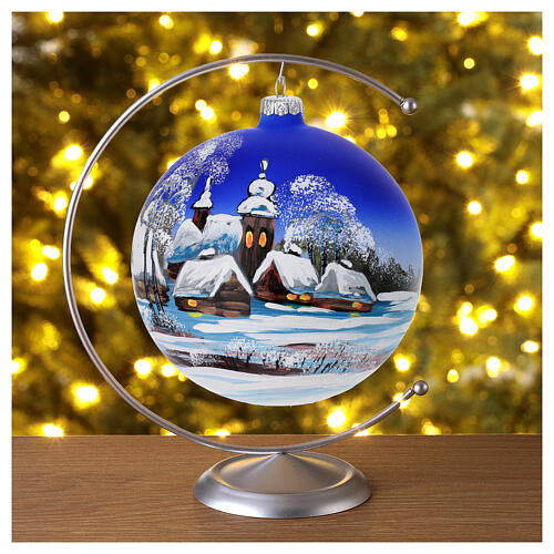 Christmas ball of dark blue blown glass, snowy landscape, 6 in 2