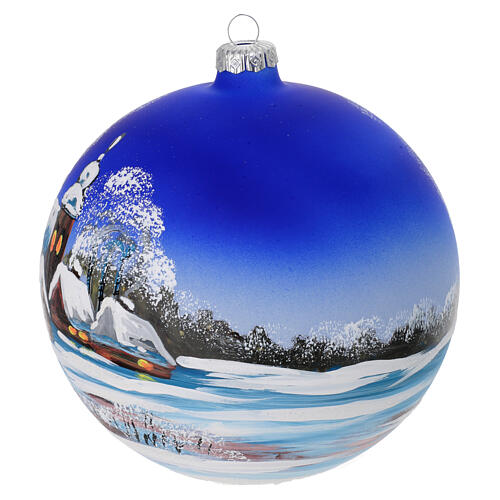 Christmas ball of dark blue blown glass, snowy landscape, 6 in 3