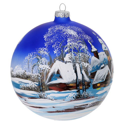 Christmas ball of dark blue blown glass, snowy landscape, 6 in 4