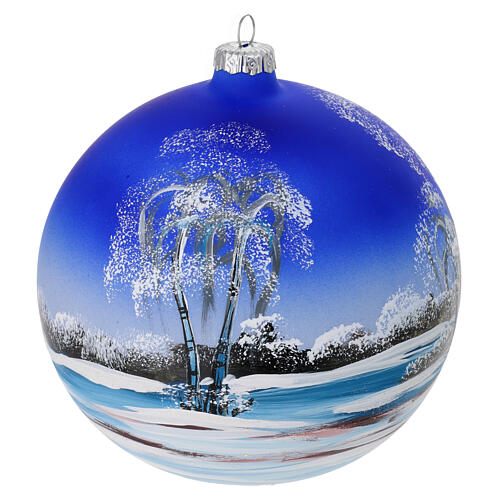 Christmas ball of dark blue blown glass, snowy landscape, 6 in 5