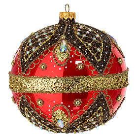 Christmas ball, red blown glass with gold glitter decoration, 6 in