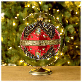 Christmas ball, red blown glass with gold glitter decoration, 6 in