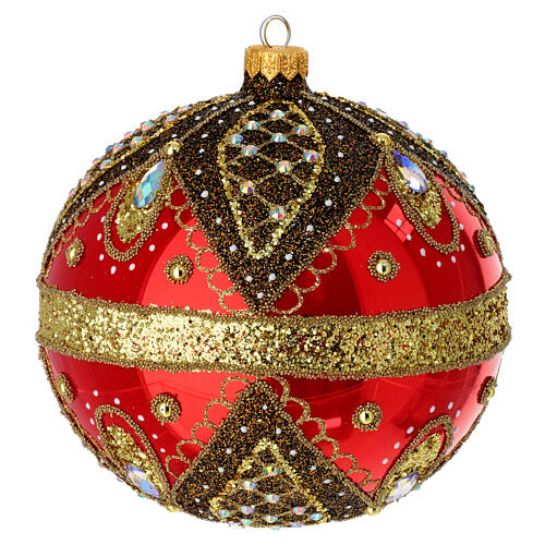 Christmas ball, red blown glass with gold glitter decoration, 6 in 4