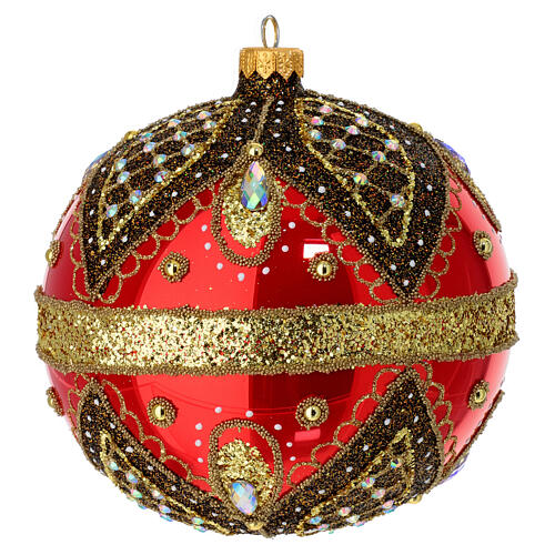 Bola de Navidad vidrio soplado roja motivos purpurina oro 150 mm 1