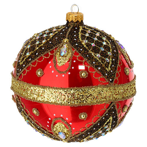 Bola de Navidad vidrio soplado roja motivos purpurina oro 150 mm 3