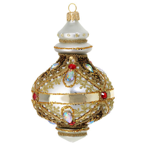 Weihnachtskugel, aus mundgeblasenem Glas, matt-silberne Oberfläche, Glanzstreifen mit Goldglitter & Strass – Ø 8 cm 3