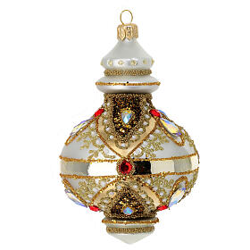 Christmas ornament of dull silver blown glass, polished details, gold glitter and strass, 3 in