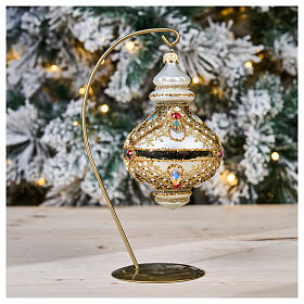 Christmas ornament of dull silver blown glass, polished details, gold glitter and strass, 3 in