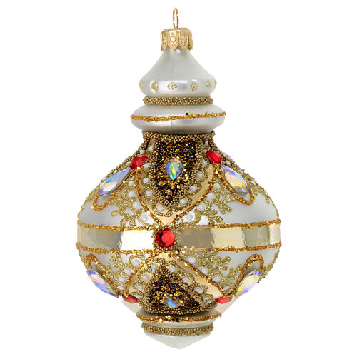 Christmas ornament of dull silver blown glass, polished details, gold glitter and strass, 3 in 3