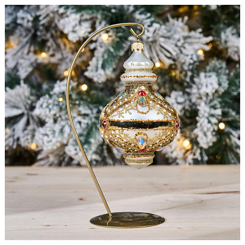 Christmas ornament of dull silver blown glass, polished details, gold glitter and strass, 3 in 2