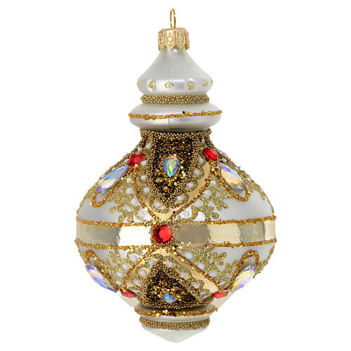 Christmas ornament of dull silver blown glass, polished details, gold glitter and strass, 3 in 4