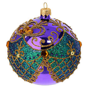 Polished purple Christmas ball with gold and green glitter and strass, blown glass, 4 in