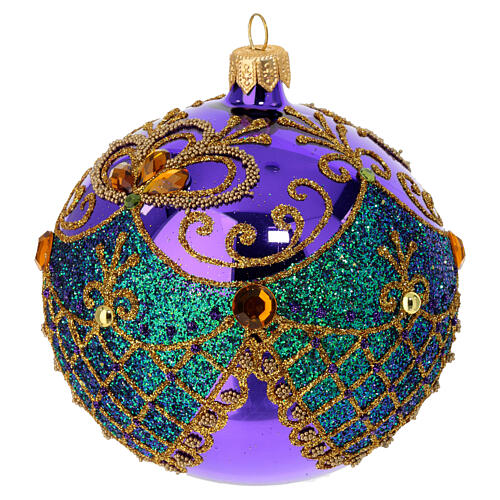 Polished purple Christmas ball with gold and green glitter and strass, blown glass, 4 in 2