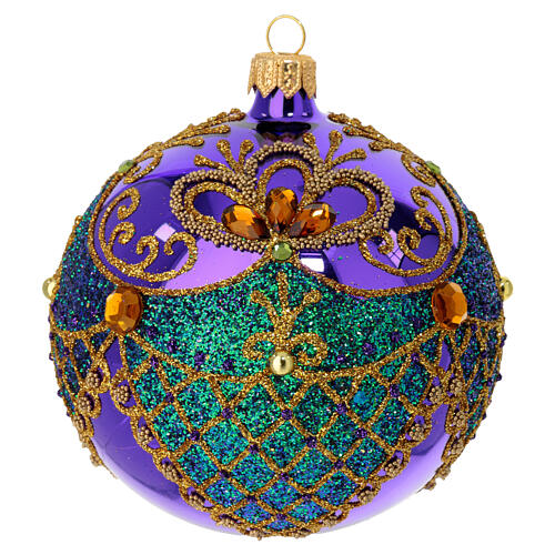 Polished purple Christmas ball with gold and green glitter and strass, blown glass, 4 in 3