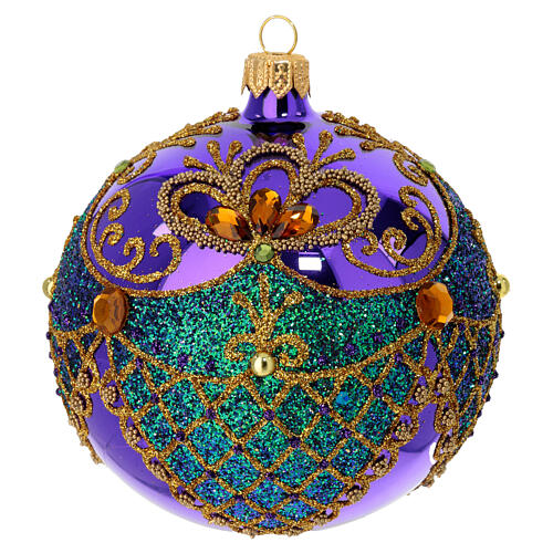 Glossy purple blown glass Christmas bauble with gold glitter decorations, green gold rhinestones 100 mm 1