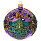 Glossy purple blown glass Christmas bauble with gold glitter decorations, green gold rhinestones 100 mm s1