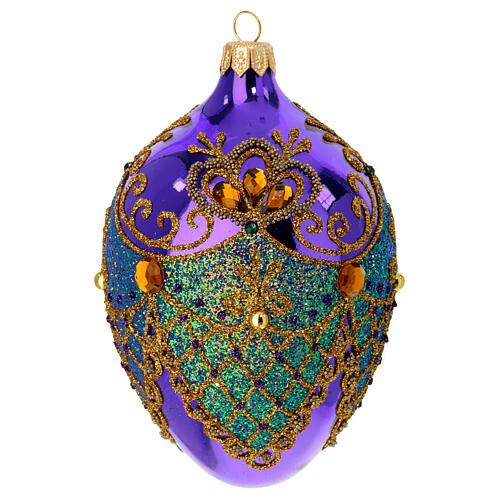 Egg-shaped Christmas ornament, purple blown glass with green and gold glitter, 2.5 in 1