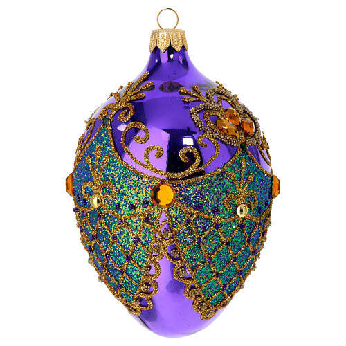 Egg-shaped Christmas ornament, purple blown glass with green and gold glitter, 2.5 in 2