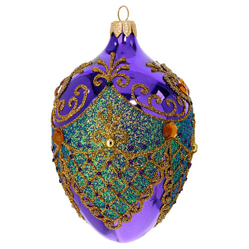 Egg-shaped Christmas ornament, purple blown glass with green and gold glitter, 2.5 in 3