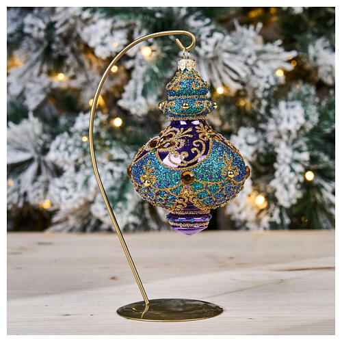 Weihnachtskugel, aus mundgeblasenem Glas, violett, verziert mit grünem und goldenem Glitter sowie Strass – Ø 8 cm, H 14 cm 2