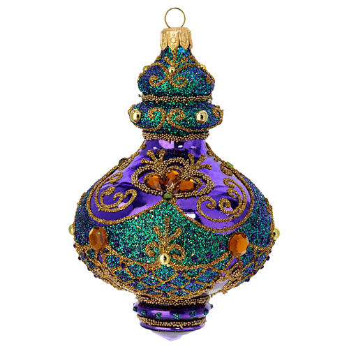 Weihnachtskugel, aus mundgeblasenem Glas, violett, verziert mit grünem und goldenem Glitter sowie Strass – Ø 8 cm, H 14 cm 4