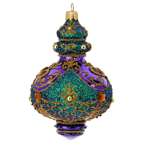 Christmas ornament of purple blown glass with green and gold glitter and strass, 3 in 1